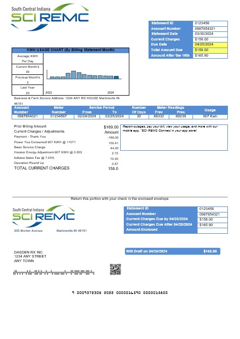 USA Indiana SCI REMC business utility bill template in Word and PDF formats